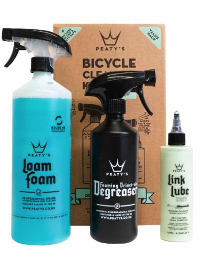 kit d’entretien peaty’s bio : loam foam 1l, degreaser 500ml, link lube dry